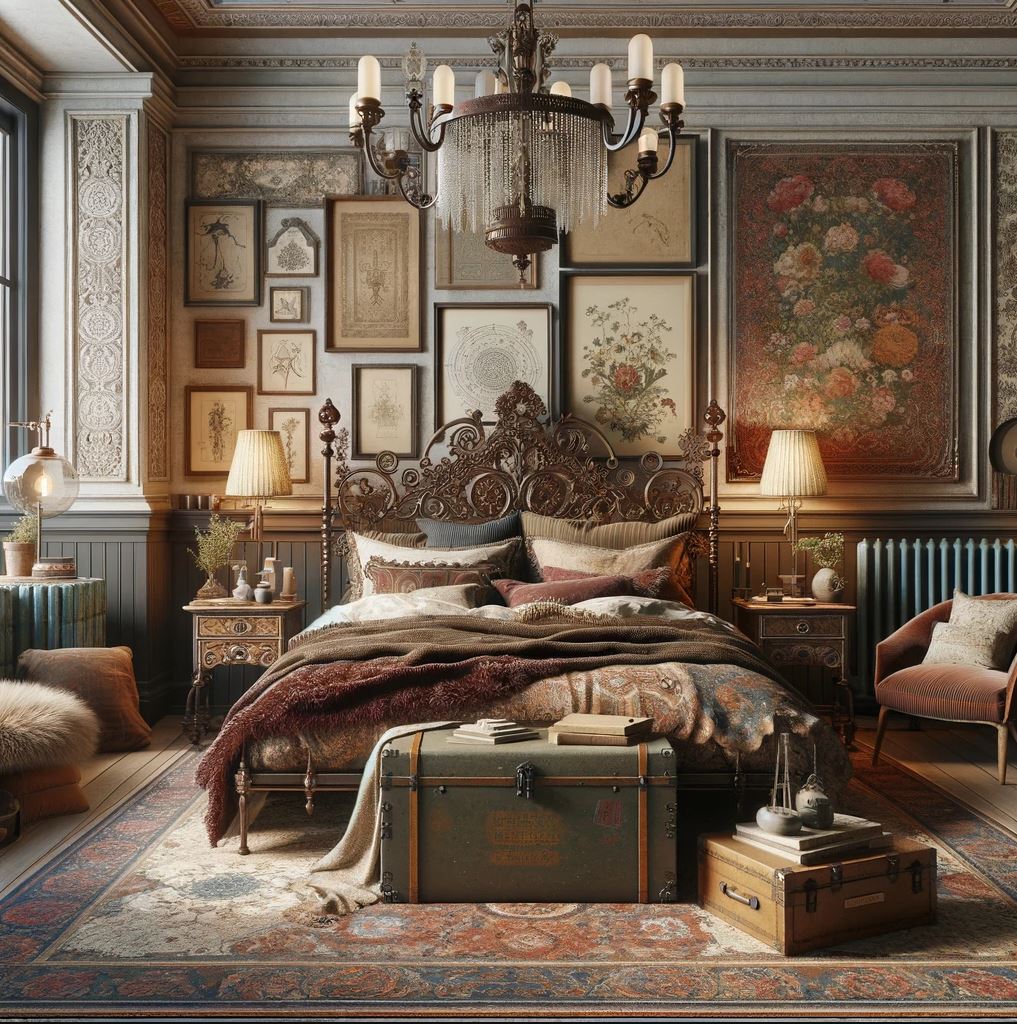 An artful vintage eclectic bedroom that exudes old-world charm with its ornate headboard, plush bedding, and a blend of intricate wall hangings.