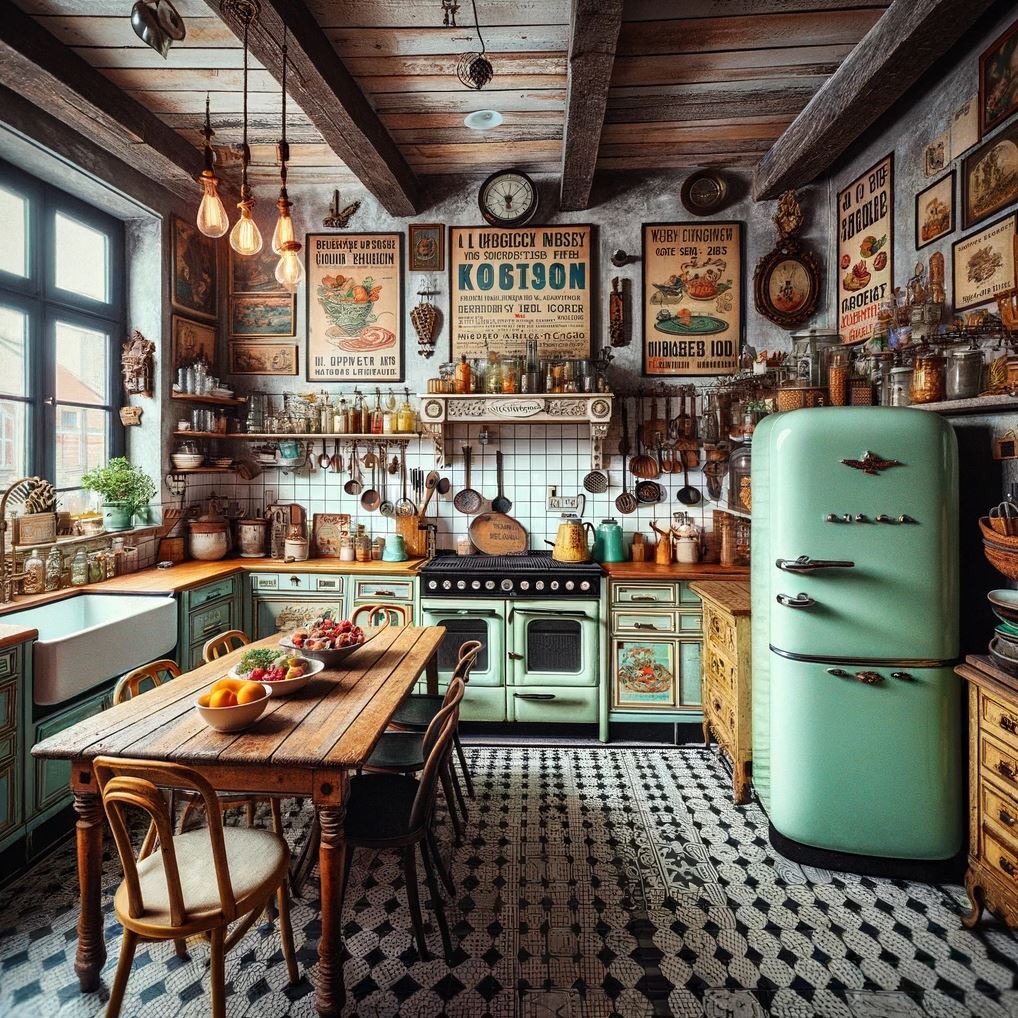 A kitchen that's a retro haven with its mint green refrigerator, classic stove, and an array of hanging copper utensils, set against a backdrop of eclectic decor.