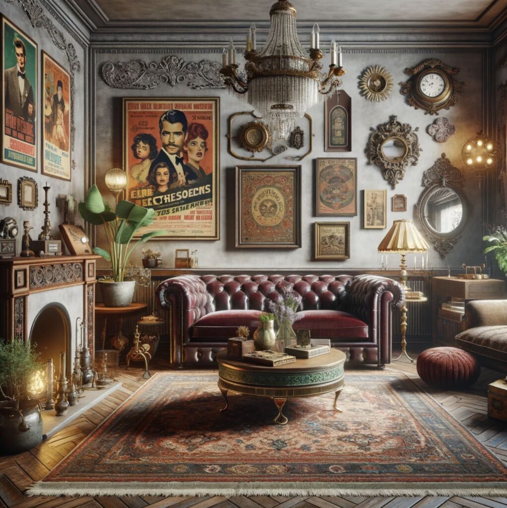 A vintage eclectic living room that's a trove of antiques and curiosities, complete with a Chesterfield sofa and an array of intriguing wall art.