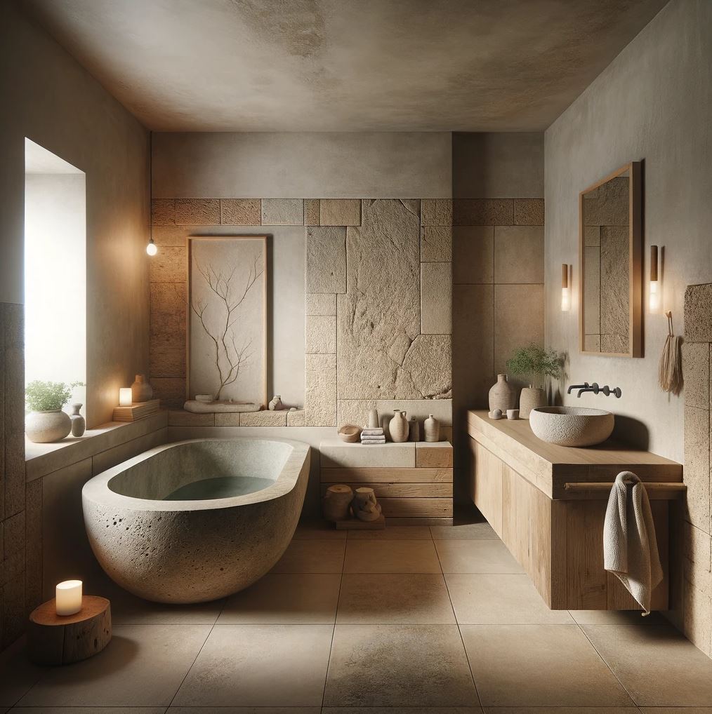 A tranquil Wabi-Sabi bathroom blending rough stone and wood textures, creating an oasis of calm.