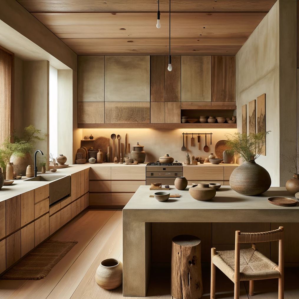 A warm and inviting Wabi-Sabi kitchen featuring wood and clay elements with an understated elegance.