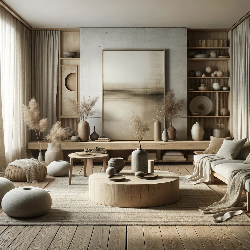 A serene Wabi-Sabi living room with earth-toned decor and textured natural materials, highlighted by soft natural lighting.